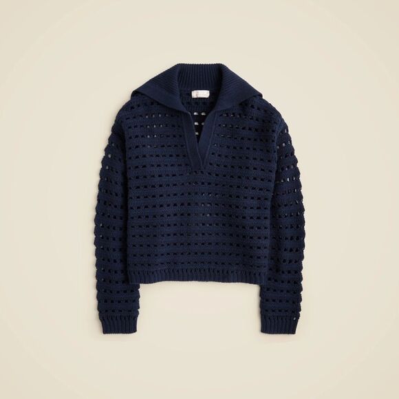 NWT J CREW Collection cashmere sailor-collar pointelle sweater in navy - Picture 1 of 5